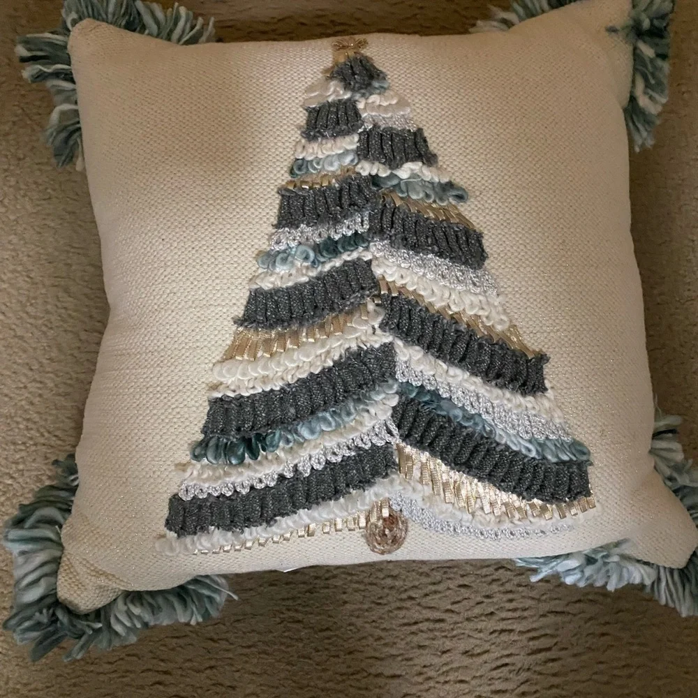 3D Yarn Knit Woven Tassel Christmas Tree Sage Green Decorative Pillow 18”x18”